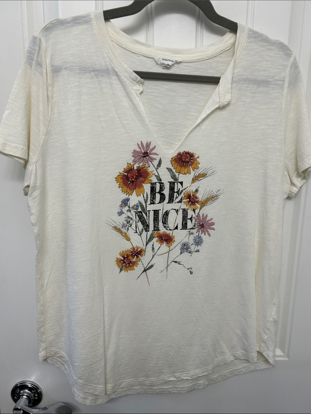 Maurices Cream V-Neck Tee with Floral "BE NICE" Graphic